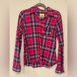 Hollister pink red plaid tartan button down shirt top
